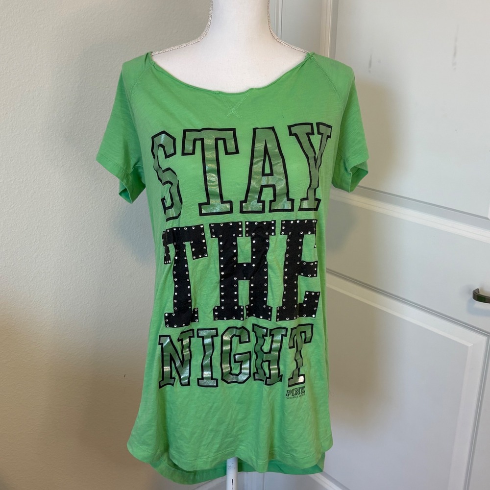 Victorias Secret PINK Stay The Night Rhinestone Sleep Shirt Green Large Y2K